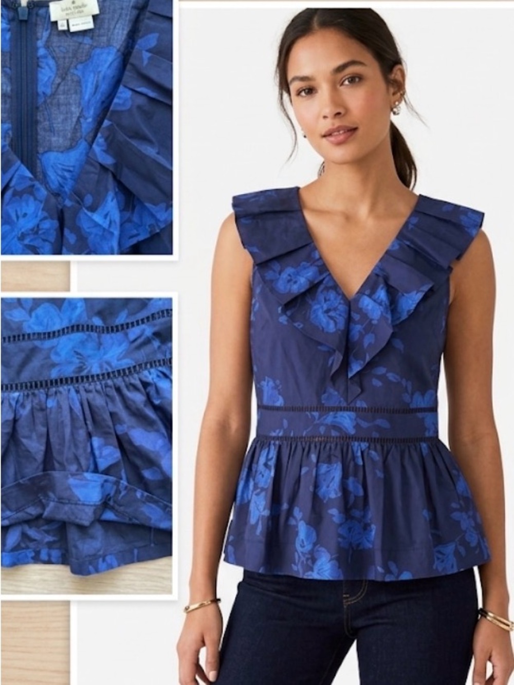 Kate Spade Ruffle Blouse Top V-Neck Hibiscus Blue b11
